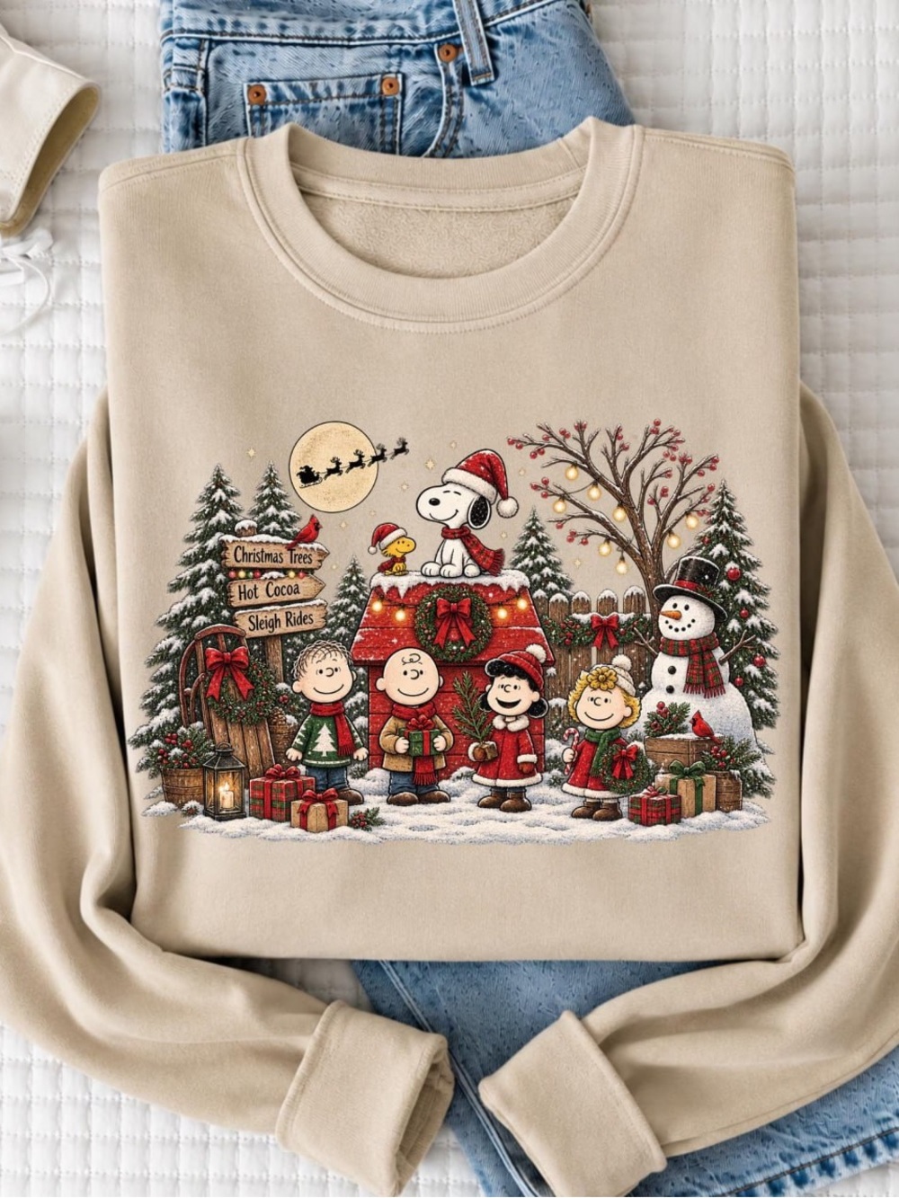 Peanuts Holiday Crewneck Sweatshirt - Beige Christmas Graphic